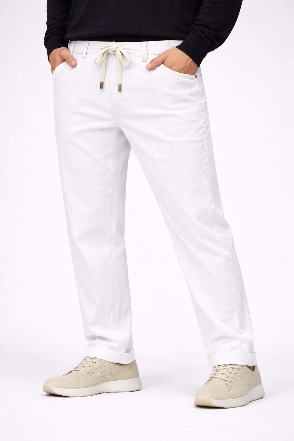 Mens Casual Linen Pants Elastic Waist Pants Drawstring Summer Beach Yoga Linen Trouser |White Loose Fit Track Pants (Pyjama)