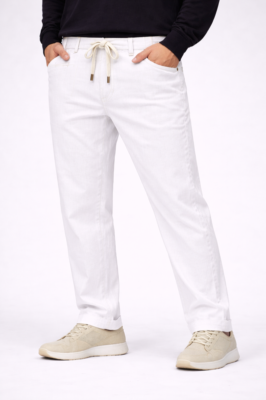 Mens Casual Linen Pants Elastic Waist Pants Drawstring Summer Beach Yoga Linen Trouser |White Loose Fit Track Pants (Pyjama)