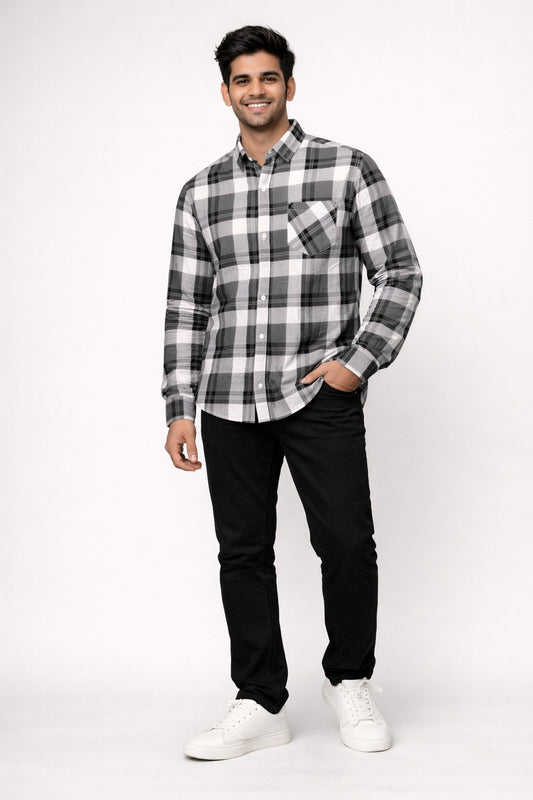 Men Slim Fit Checkered Button Down Collar Casual Shirt | Black checked |