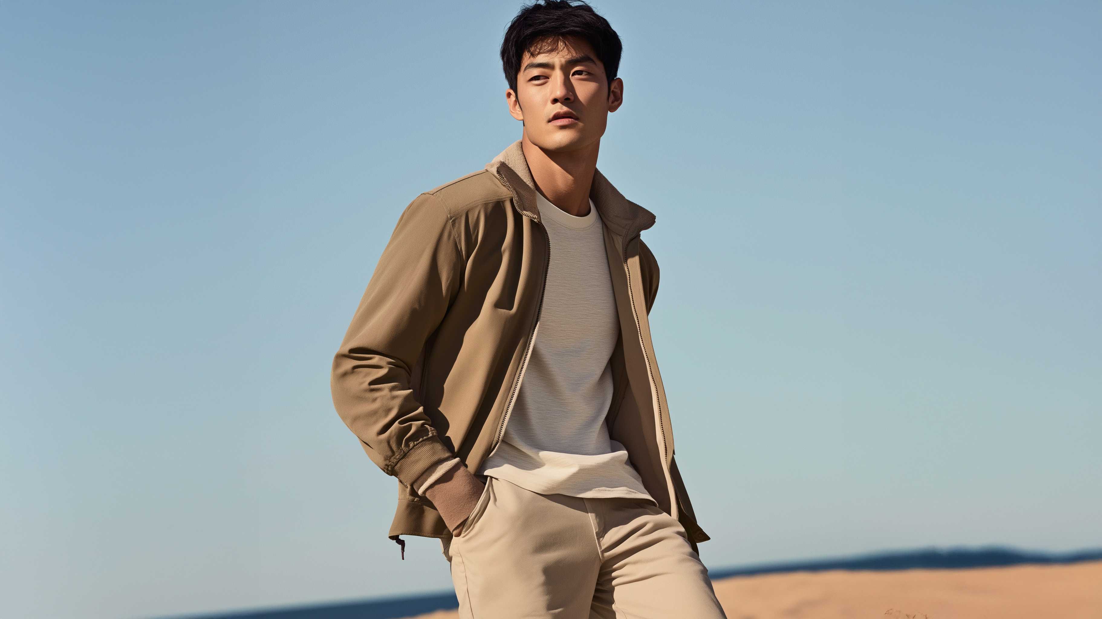 Man in beige jacket and pants standing in a desert landscape