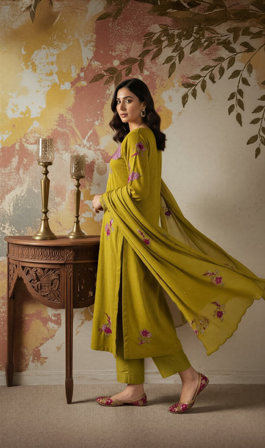 Women's Mustard Yellow Chanderi Silk Kurta Set with Floral Embroidery and Dupatta