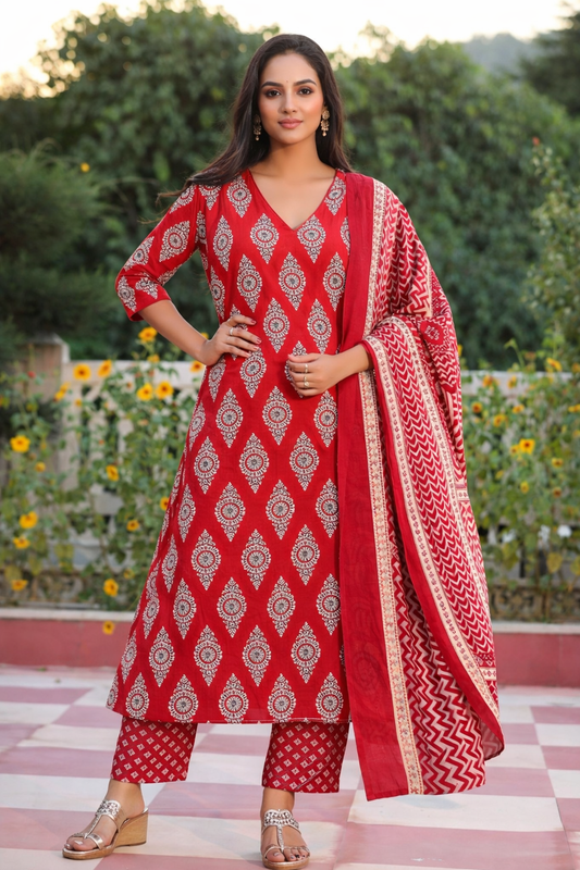 Cotton 3 Piece Kurta Pant Dupatta Set for Daily Wear