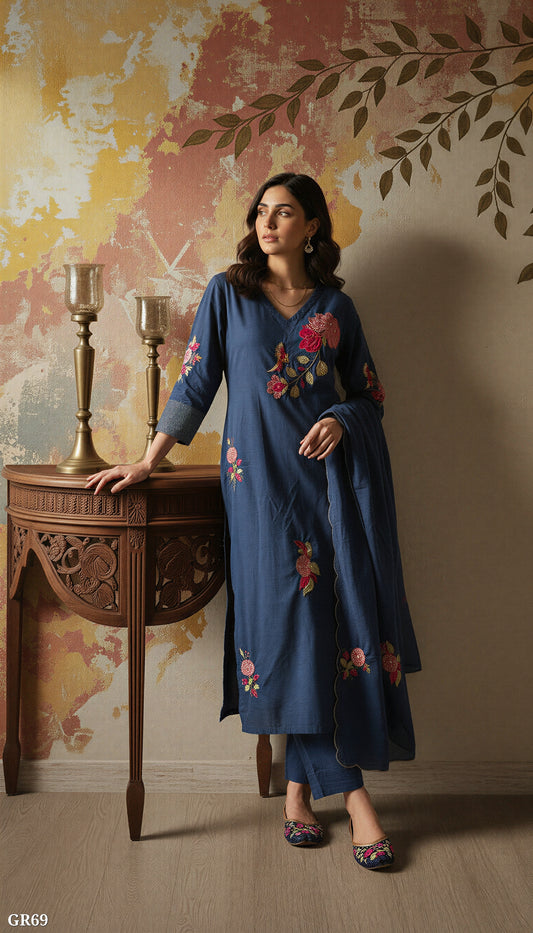 Navy Blue Chanderi Silk Floral Embroidered Kurta Set with Dupatta