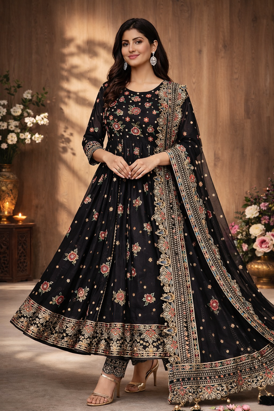 Designer Sequin & Zari Embroidered Anarkali Gown with Sharara and Dupatta Set