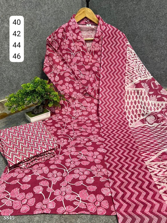 Cotton 3 Piece Kurta Pant Dupatta Set for Daily Wear.