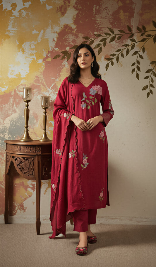 Women's Maroon Chanderi Silk Floral Embroidered Kurta Set
