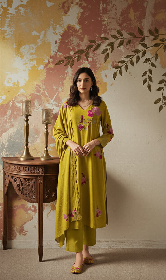 Women's Mustard Yellow Chanderi Silk Kurta Set with Floral Embroidery and Dupatta