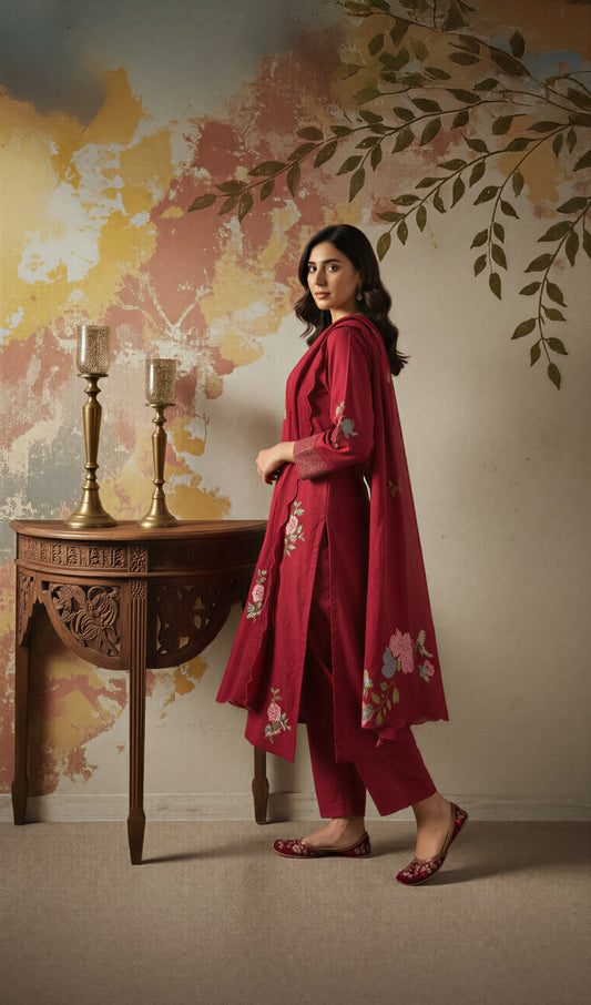 Women's Maroon Chanderi Silk Floral Embroidered Kurta Set