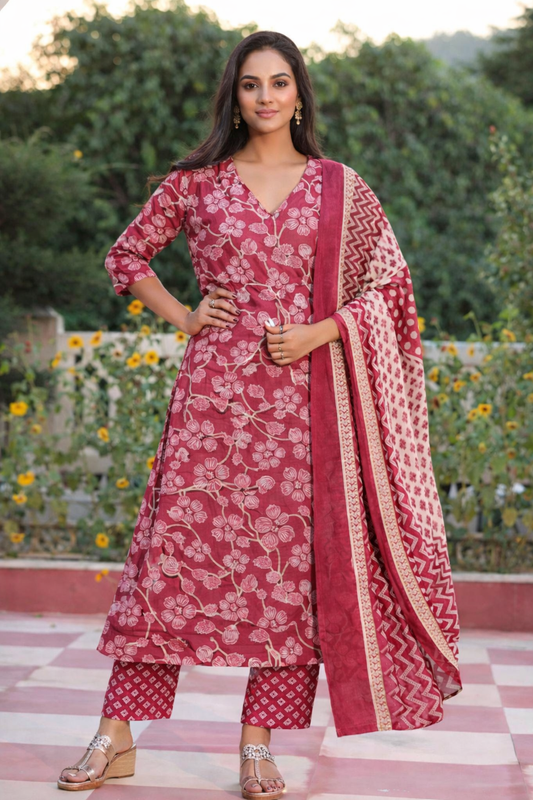 Cotton 3 Piece Kurta Pant Dupatta Set for Daily Wear.