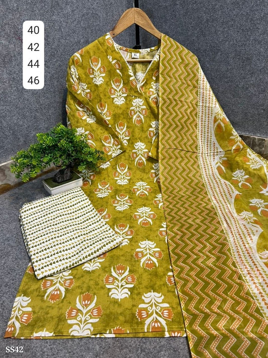 Cotton 3 Piece Kurta Pant Dupatta Set for Daily Wear.