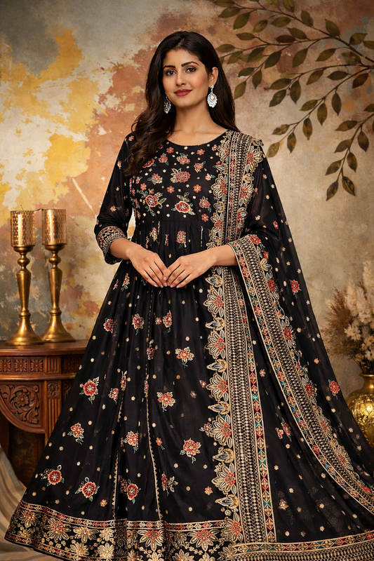 Designer Sequin & Zari Embroidered Anarkali Gown with Sharara and Dupatta Set