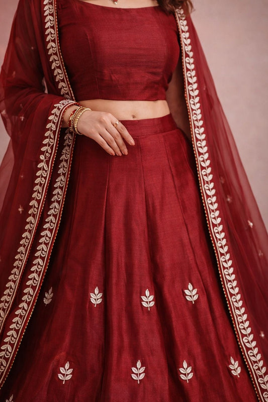 Women Maroon Handwork Lehenga with Bearberry Fabric and Handwork Dupatta!