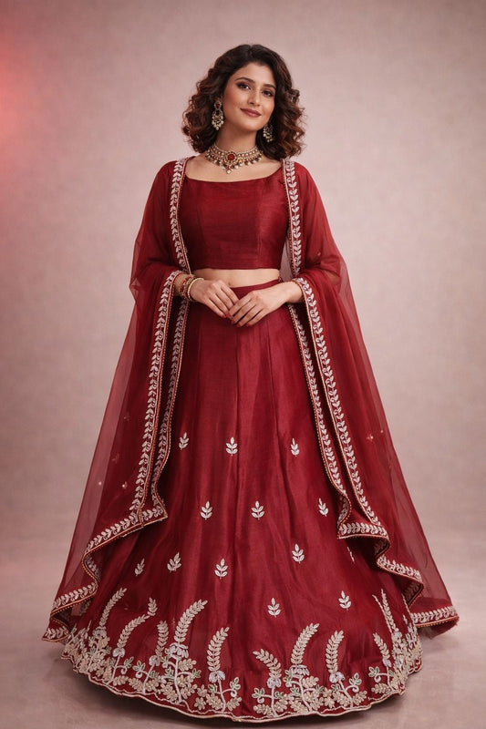 Women Maroon Handwork Lehenga with Bearberry Fabric and Handwork Dupatta!