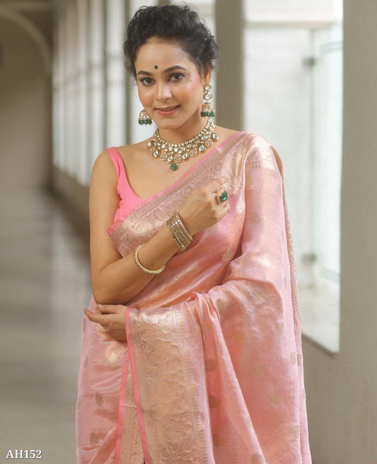Banarasi Pink Tissue Silk Saree with Zari Buty Weaving and Brocade Blouse